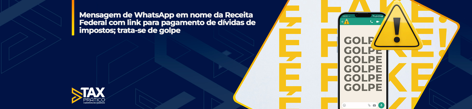 Mensagem de WhatsApp em nome da Receita Federal com link para pagamento de dívidas de impostos; trata-se de golpe